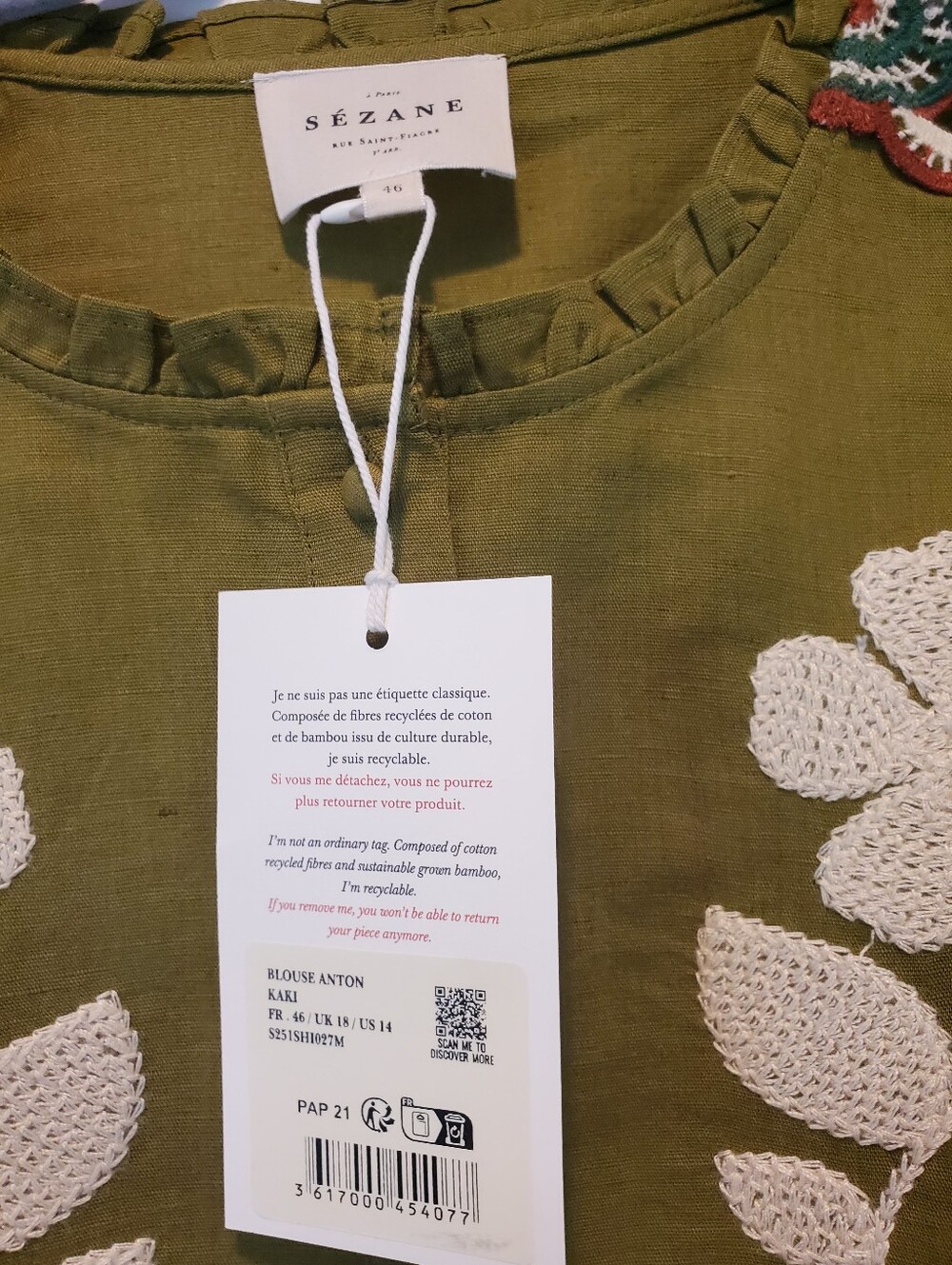NWT Sezane Anton Blouse In Olive Green - Picture 4 of 6